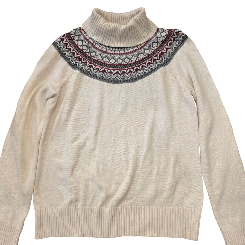 CHARTER CLUB Sz L‎ Cream Fair Isle Turtleneck Sweater Beaded Nordic Winter Knit